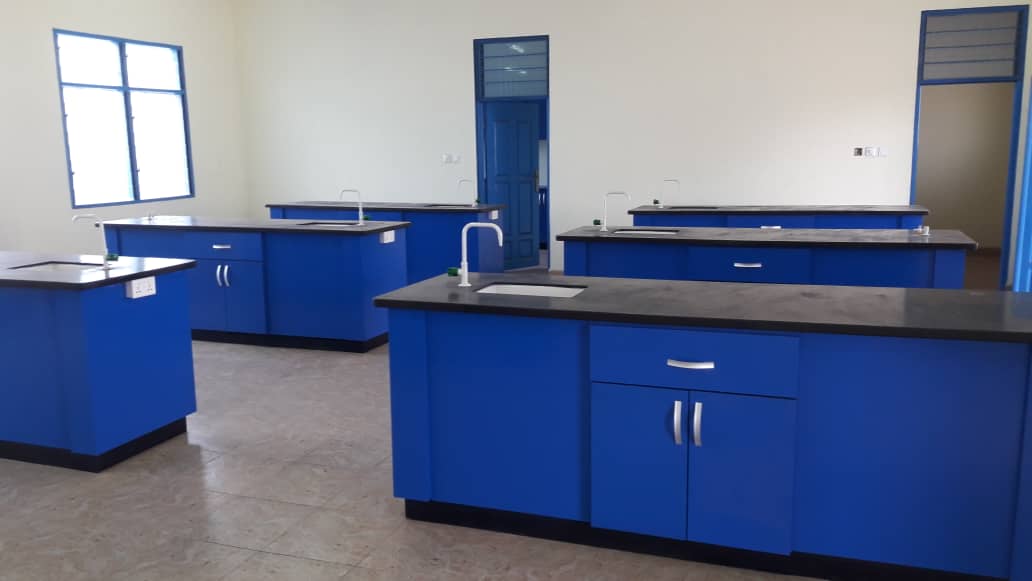 Cornerstone International School blue laboratory benches with sinks and service taps