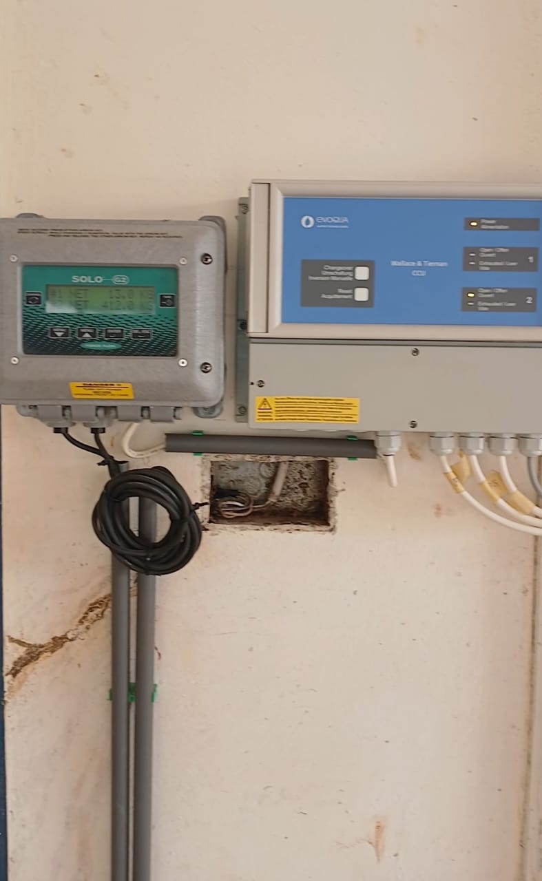 Installed water treatment monitoring and control units mounted on a wall